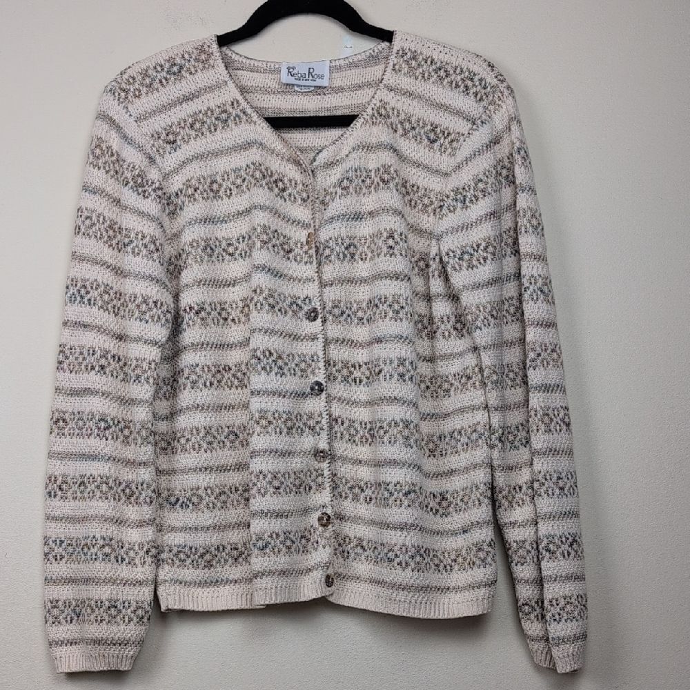 Vintage Reba Rose Striped Cream Patterned Cotton Cardigan Sweater Size M